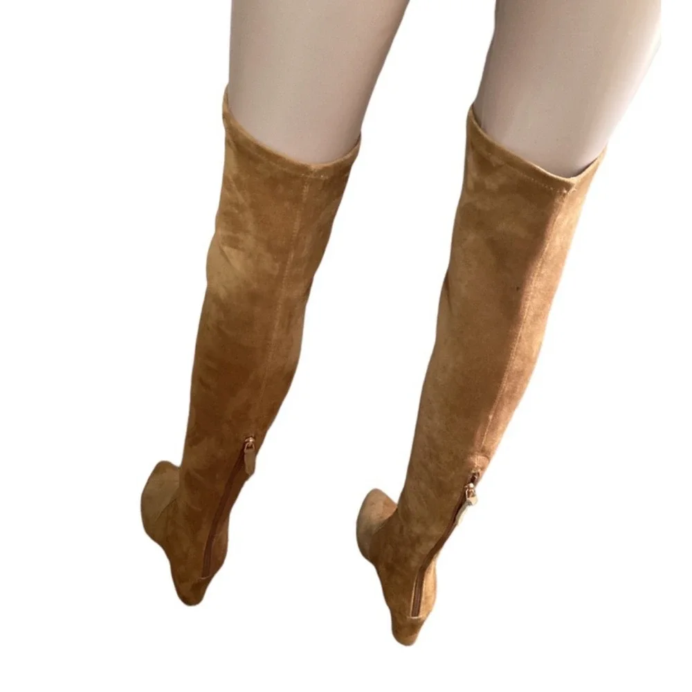 Tan Faux Suede Thigh High Boots Pointed Toe Sexy Over‎ the Knee Size 6.5/37 NEW